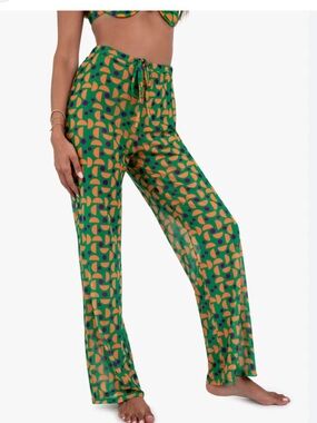 KITTENISH  💚🧡Green Geometric Print SET Wide-Leg Pants  mesh swimsuit coverup NWT